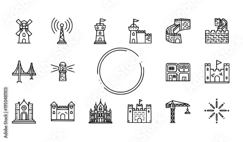Thin line architecture and construction icon pack with windmill tower lighthouse crane bridge Great Wall vector