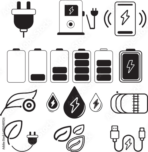 Electric Charging and Battery Energy Line Icon Set.