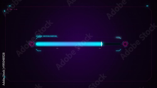 Futuristic system initialization loading sequence with blue glowing progress bar on a dark grid background, illustrating data processing and