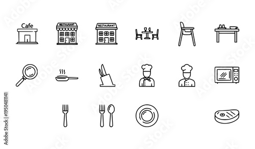 Thin line restaurant and cafe icon set with table chair chef pan fork spoon plate and steak vector collection