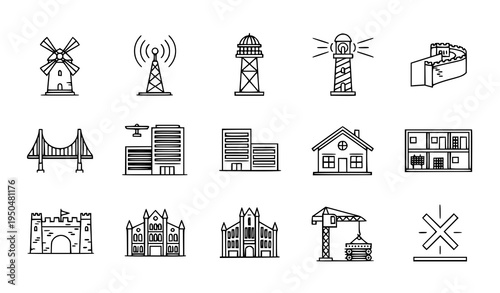 Thin line architecture and infrastructure icon set with windmill tower bridge lighthouse crane and modular house vector collection