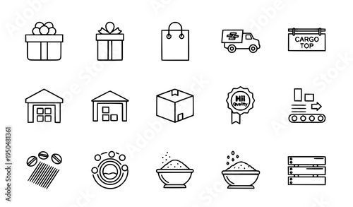 Thin line e-commerce and grocery icon pack with gift box courier warehouse conveyor cereals vector illustration