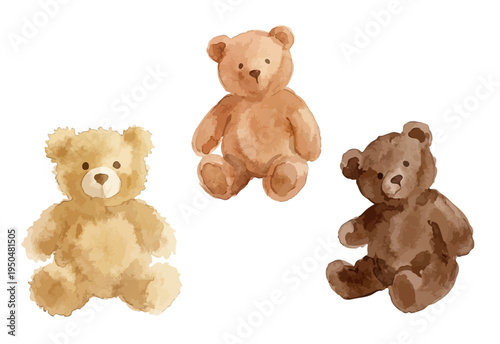 Watercolor-style cute teddy bear illustration, soft stuffed animal for baby and kids　くまのぬいぐるみ