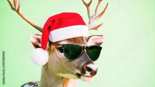 A deer wearing sunglasses and a Santa hat, perfect for holiday or winter-themed