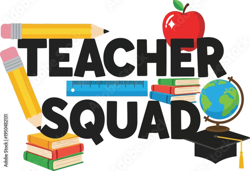 Colorful teacher squad illustration with school supplies and books
