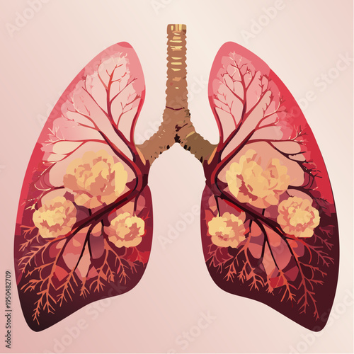 Abstract Surreal Lungs with Floral Botanical Elements Conceptual Illustration