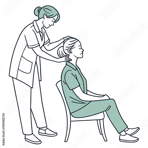 A vector graphic illustration of a healthcare professional giving a neck massage to a seated patient in a clinical setting.