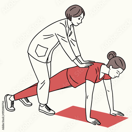 A vector graphic illustration of a physical therapist assisting a patient with a stretching exercise on a mat