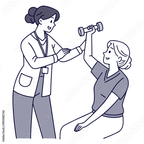 A physical therapist assisting a patient with a dumbbell exercise in a modern clinic