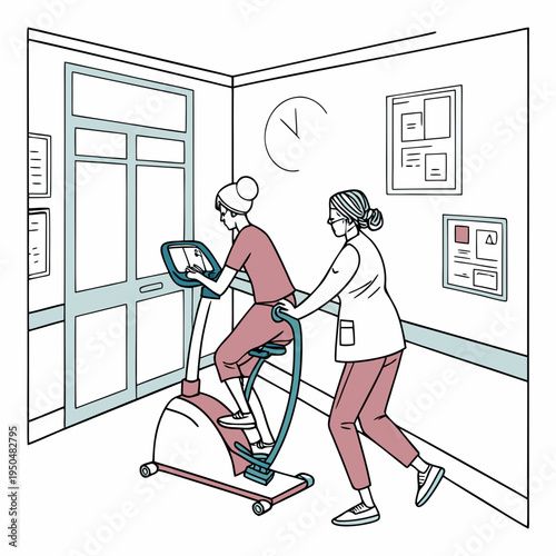 A physical therapist assisting a patient on an exercise bike in a modern rehabilitation center