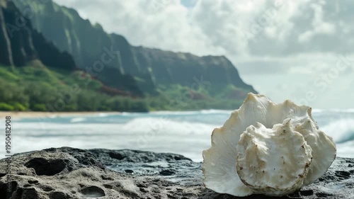 A single seashell sits alone on a rock near the ocean, perfect for use in beach-themed designs