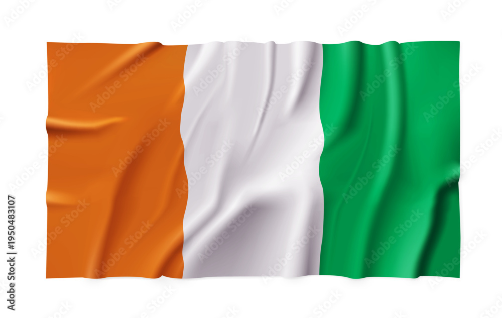 Obraz premium Realistic Côte d'Ivoire (Ivory Coast) country flag isolated on a transparent background. Silk atlas detailed fabric flag. Vector PNG