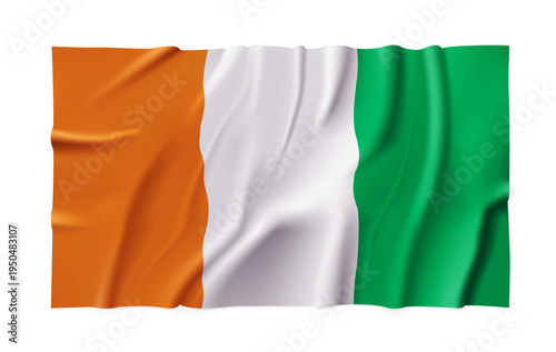 Realistic Côte d'Ivoire (Ivory Coast) country flag isolated on a transparent background. Silk atlas detailed fabric flag. Vector PNG