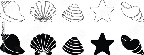 sea species icon set, starfish icons in various styles including outline, silhouette, and flat design, showing different species and shapes of marine sea stars, sea shell, clam, for graphic design