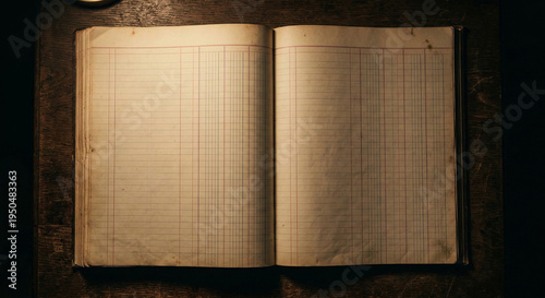 Fényképezés Open Antique Ledger Book Displaying Blank Gridded Paper Pages
