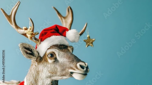 A close-up view of a deer wearing a Santa hat, great for holiday season or winter-themed s