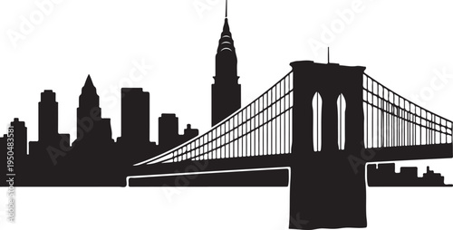 Black silhouette of Brooklyn Bridge and New York City skyline  cityscape illustration
