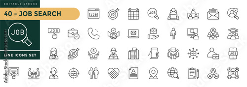A collection of Job Search icons set with editable stroke, including resume, interview, employment. Thin linear vector illustration.