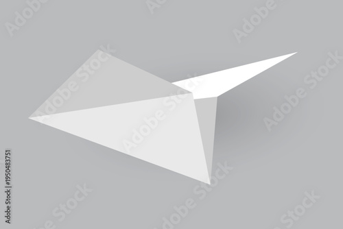 Paper plane model. Origami handmade aircraft view. Vector white paper airplane with shadow, isolated on gray background