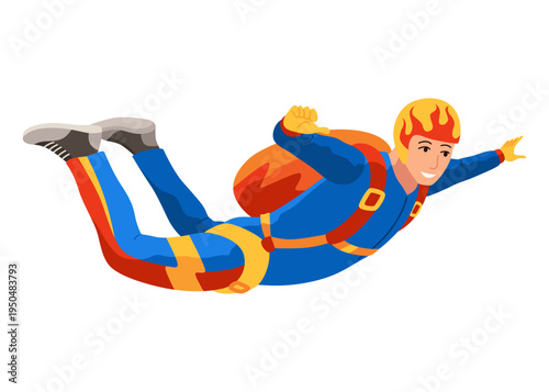 Cartoon skydiver character. Guy jumping from an airplane, free fall, flying in sky, people falling in different poses, extreme sport