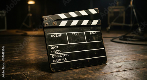 Foto Vintage Movie Clapperboard Resting on a Dark Studio Floor