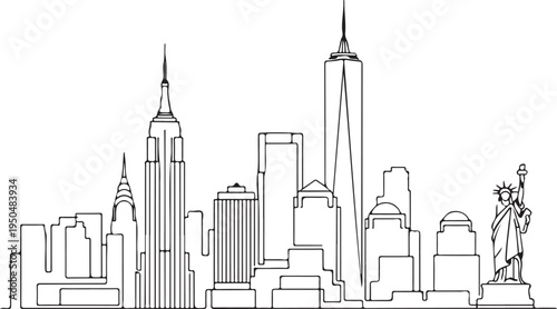 New York City skyline with Statue of Liberty in simple line drawing style  iconic landmarks