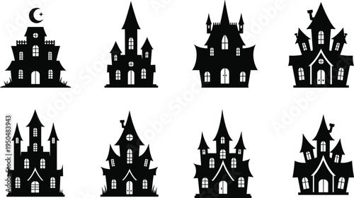 Collection of eight black haunted house silhouette illustrations with spooky designs including pointed roofs, arched windows, chimneys, turrets, crescent moon, and eerie Halloween atmosphere