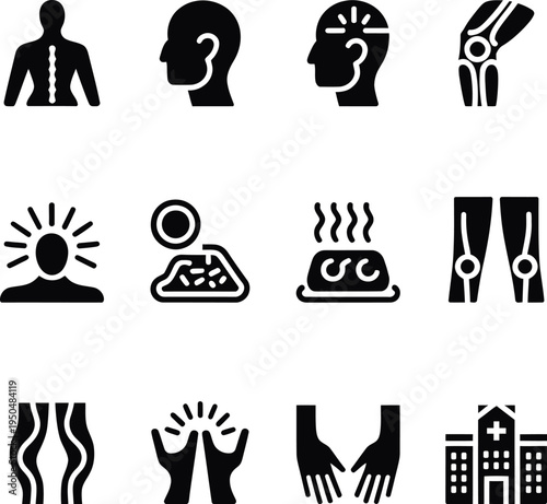 Black and white medical health silhouette icons set on white background