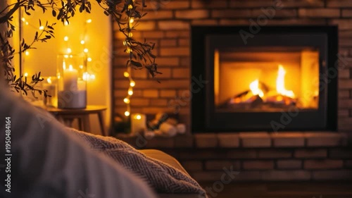 A warm and inviting fireplace scene with candles and a blanket