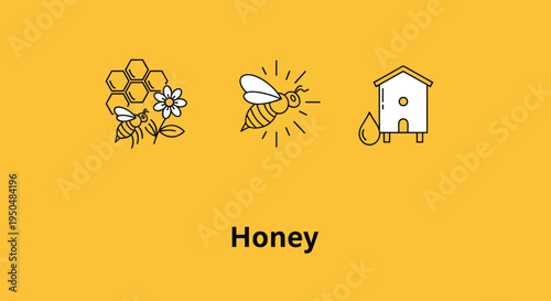 Collection of linear icons representing honey production with bees, honeycomb, and a beehive on a yellow background.