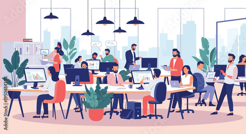 Large group of professional employees working in a modern open plan office space with desktop computers and a city skyline view.