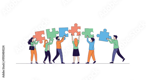 Team of collaborative and diverse people working together to fit large colorful jigsaw puzzle pieces into a single organized line.