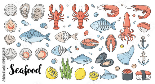 Comprehensive collection of seafood icons including various fish, shellfish, crustaceans, and sushi elements in a linear style.