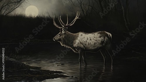 A deer wading through a stream, calm and serene