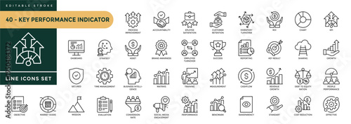 A collection of Key Performance Indicator icons set with editable stroke, including productivity, performance, objective, optimization, accountability, effectiveness. Thin linear vector illustration.