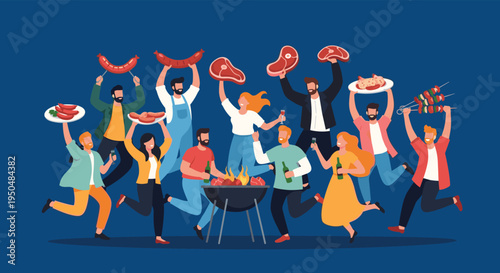 Large group of happy friends celebrating at a festive outdoor barbecue party with grilled meat, drinks, and joyful dancing.