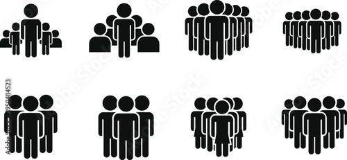 Collection of eight black silhouette icons representing groups of people in different arrangements symbolizing teamwork, community, social interaction, diversity, 