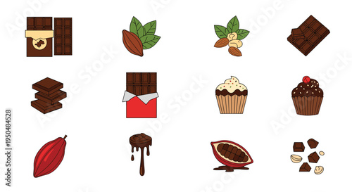 Variety of chocolate treats and cocoa ingredients icons including cupcakes, chocolate bars, whole nuts, and cocoa pods.