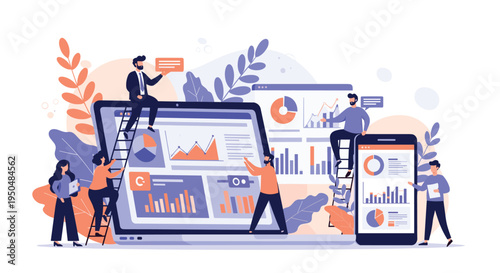 Team of professionals analyzing and managing complex digital data charts on giant computer and smartphone screens.