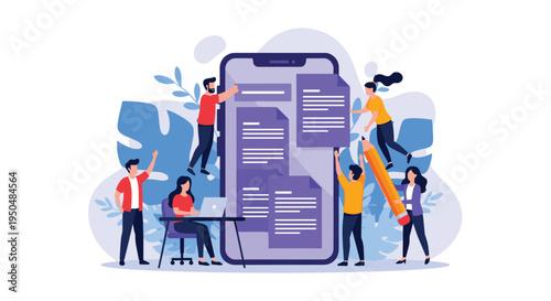 Group of creative people collaborating on a giant smartphone screen to manage digital documents and online content.