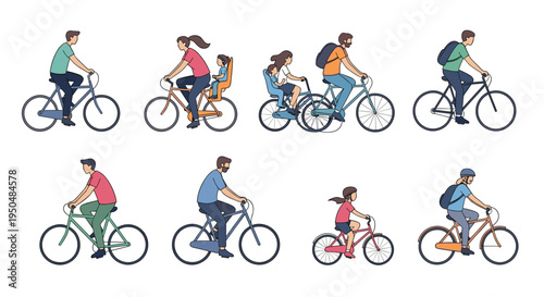 Diverse set of bicycle riders including commuters, families with children, and individual cyclists in flat style.