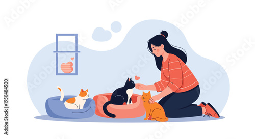 Gentle woman spending quality time petting and playing with her three domestic cats in a cozy home environment.