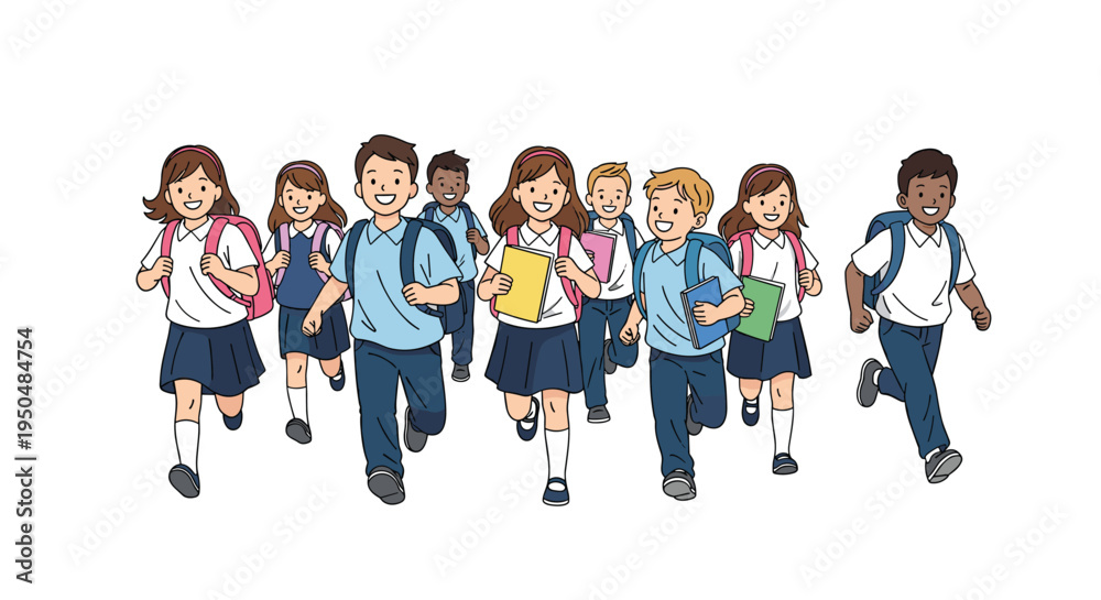 Obraz premium Happy group of diverse elementary school children wearing uniforms and backpacks runs forward with joy on their first day of the new semester.
