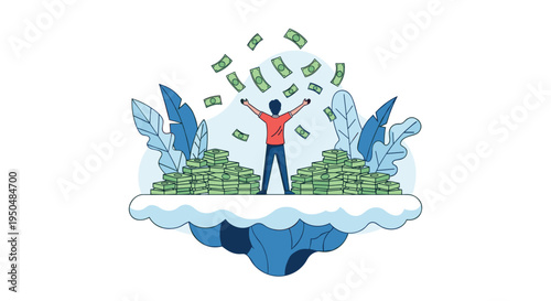 Successful businessman stands on a floating island with piles of cash as money falls from the sky in a conceptual illustration of wealth.