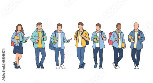 Group of diverse high school or college students standing in a line holding books and backpacks while posing against a white background.