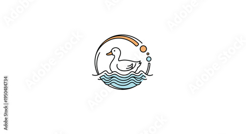 Minimalist line art logo features a graceful duck swimming on stylized blue waves within a circular frame accented by orange and teal bubbles.