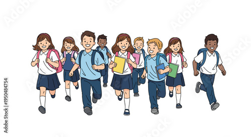 Happy group of diverse elementary school children wearing uniforms and backpacks runs forward with joy on their first day of the new semester.