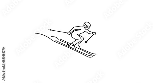 Simple black and white line drawing illustrates a person skiing down a mountain slope in a dynamic pose capturing the essence of winter sports.
