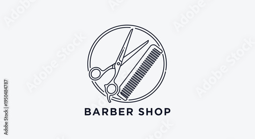 Elegant circular logo for a professional barber shop features a pair of scissors and a fine toothed comb in a clean and modern line art style.