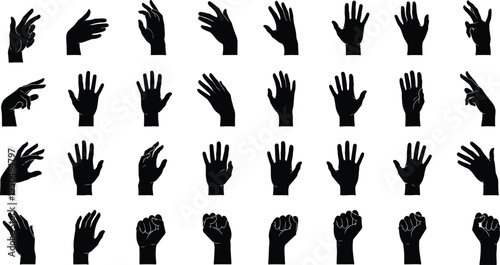 Collection of human hand silhouettes in various poses and gestures including open palms fists pointing and reaching isolated on white background for vector design projects.